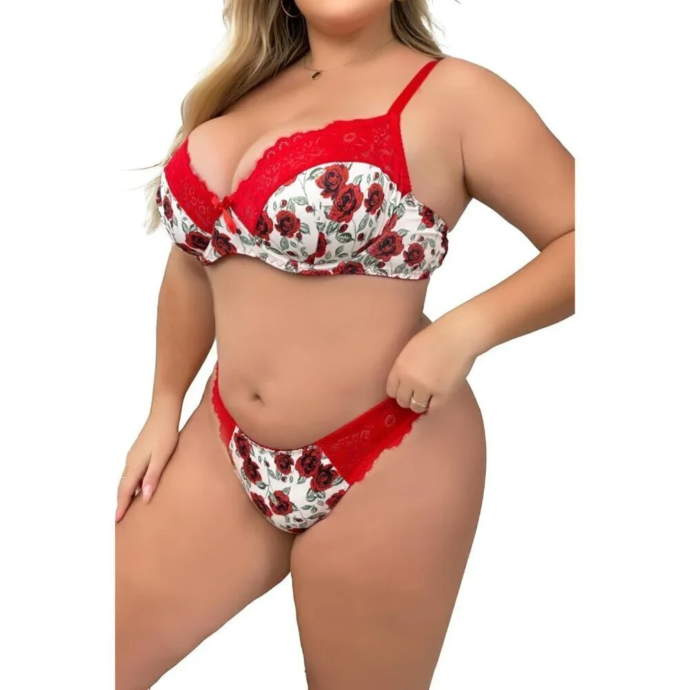 WOMEN'S Red Floral Sexy Lace Push Up Bra & Babydoll Nightwear Lingerie Set